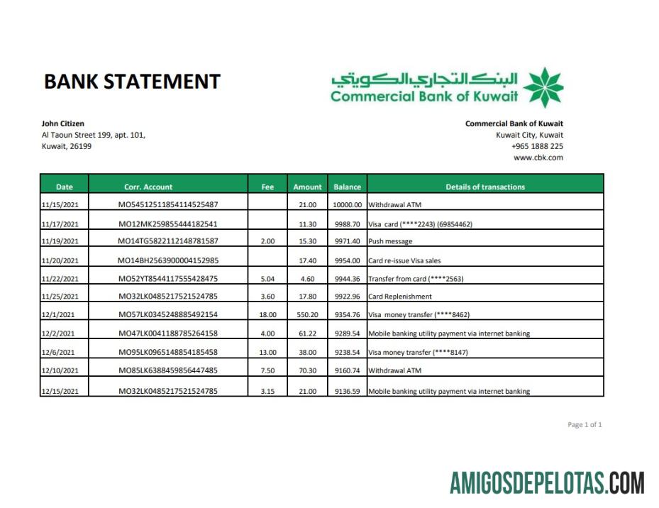 Extrato bancário comercial imprimível do Kuwait, modelo fácil de preencher em formato de arquivo .xls e .pdf